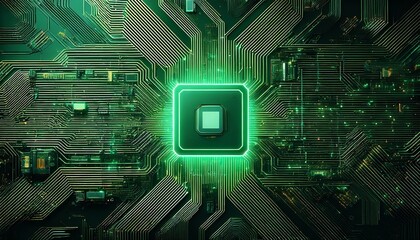 Fototapeta premium Top view, Artificial General Intelligence as a super computer made up of many chips and electronic circuits, glowing chip, green digital and futuristic, C4D