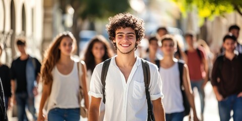Students walking down the street clothing smiling adults.