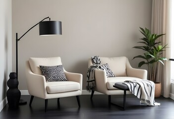 A modern beige armchair with black and white throw pillows in a minimalist living room setting with a black floor lamp.