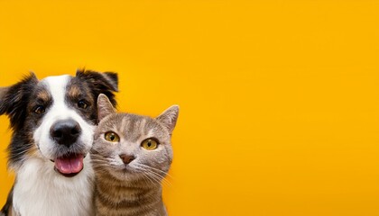 Vet banner with pets and copy space for text. Dog and cat smiling with happy expression and closed eyes. Isolated on yellow background