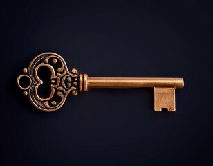 Vintage golden or copper skeleton key isolated on dark background