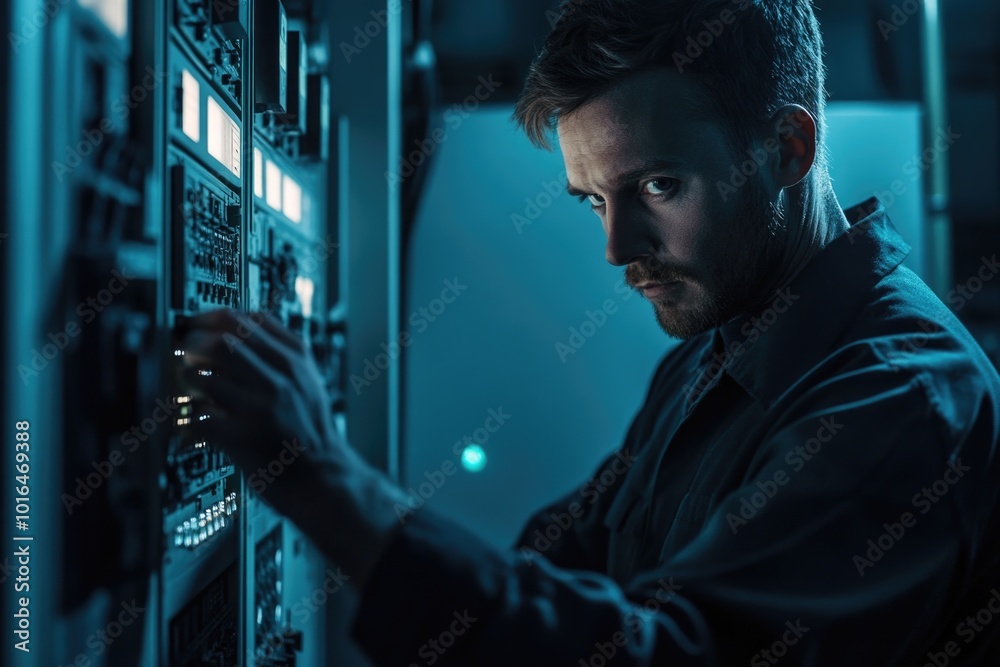 Aufkleber A person operating computer equipment in a dimly lit space, possibly a data center or server room.