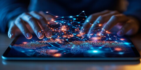 Dynamic software development, man engaging with tablet, floating code symbols, global network grid, innovation in technology, coding in action