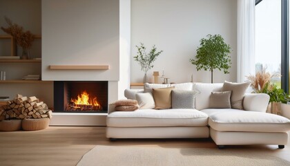 White corner sofa near fireplace. Scandinavian home interior design of modern living room