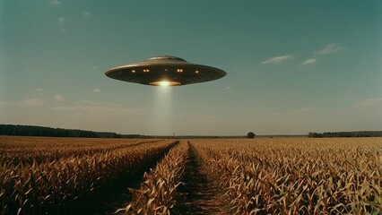 Vintage grainy film photo of UFO flying over a corn field. Analog photography