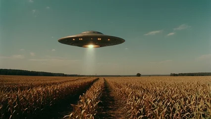 Fototapete Vintage grainy film photo of UFO flying over a corn field. Analog photography © Alexandra