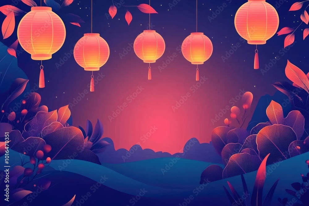 Aufkleber a night scene with lanterns hanging from the trees, great for use as a background or to add ambiance