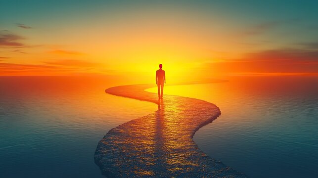 a solitary individual stands at the start of a winding path symbolizing a career journey,the road branching off into multiple directions representing lifes choices and opportunities.illustration