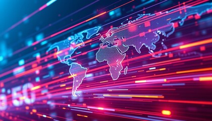 Vibrant Digital World Map with Dynamic Lines