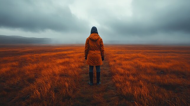 a somber image depicting a lone individual on the brink of an expansive desolate field under a gloomy sky evoking feelings of isolation and melancholy symbolizing depression.illustration