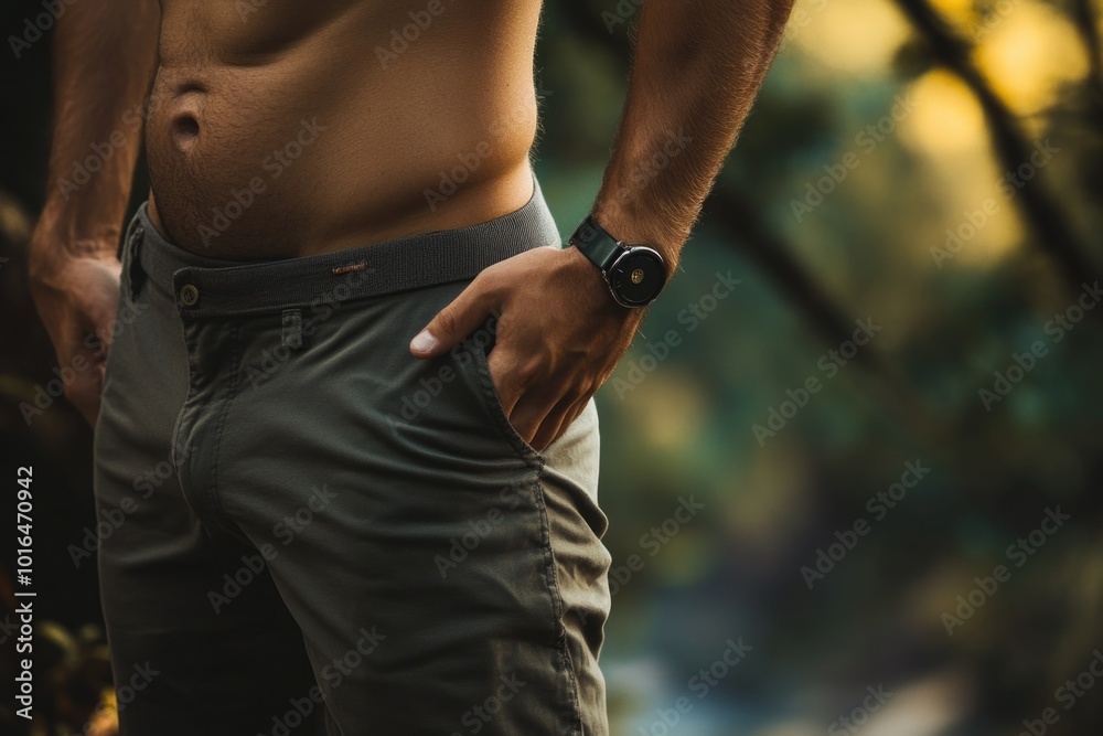 Canvas Prints A shirtless man poses near a dense forest with tall trees and greenery.