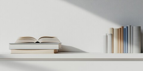 Floating Book Serenity, minimalistic composition featuring a closed book beside a stacked...