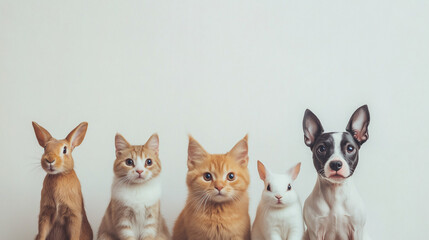 Fototapeta premium A group photo of different animals: rabbits, cats, and a dog sitting together, looking at the camera. Their poses are calm and curious. The light background highlights their diverse fur colors