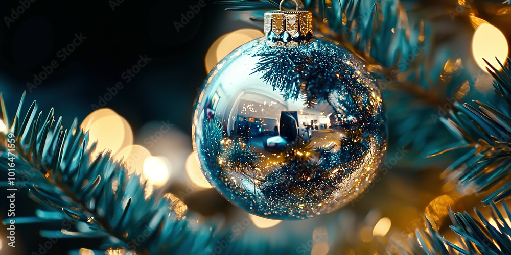 Poster a christmas tree ornament is hanging from a tree branch
