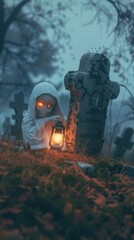 Obraz premium A cute ghost holding an oil lantern, sitting on the headstone of its grave in...