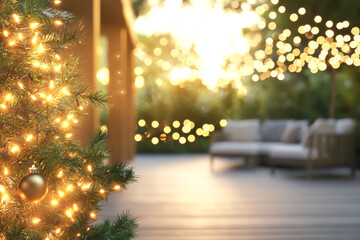 A beautifully lit Christmas tree adorned with ornaments, creating a warm, festive atmosphere with a cozy outdoor setting.