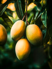 Close-up of ripe mangoes hanging on a tree surrounded by green leaves in a tropical setting