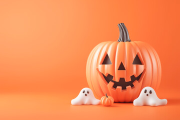 A cheerful Halloween scene featuring a carved pumpkin and cute ghost decorations on a bright orange background.