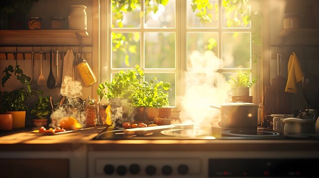 Warm and Inviting Kitchen Scene with Chef Preparing Delicious Homemade Meal