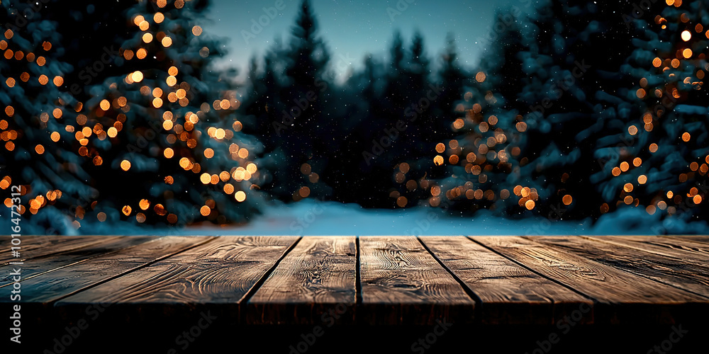 Poster a wooden table with a view of trees and snow