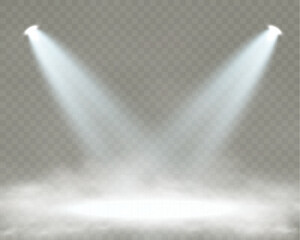 Spotlights of light with smoke.Scene in fog.Vector graphics.
