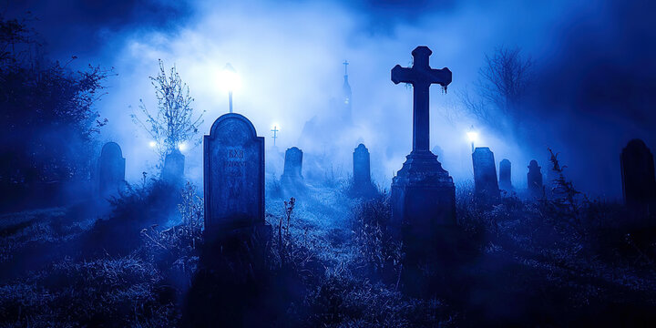 A graveyard with a cross and a few headstones