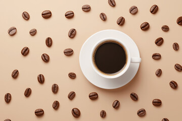 Obraz premium A close-up view of a coffee cup surrounded by coffee beans on a soft background, perfect for beverage or morning themes.