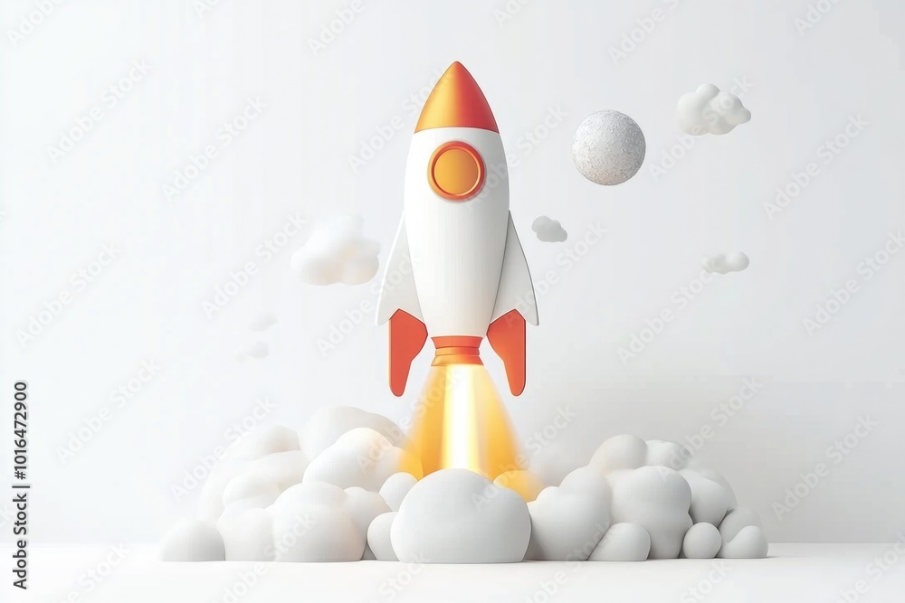 Poster A white and red rocket soaring through the sky, with contrails forming behind it.