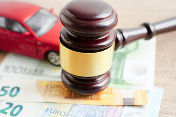 Bangkok, Thailand March 15, 2024 Car accident lawsuit and insurance, Judge hammer and money with...