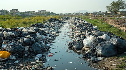 Obraz premium a vast garbage dump site overwhelmed,heaps of black plastic bags illustrating the environmental issue of consumerism and the challenges of unsorted waste management.illustration
