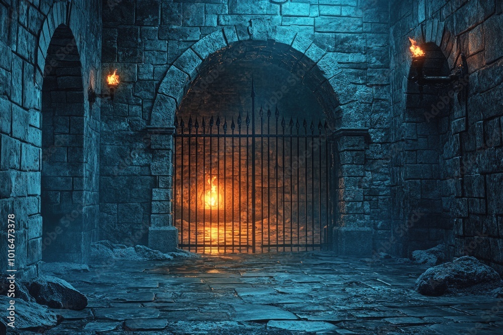 Poster a dimly lit doorway in a stone building, perfect for use as a background or set design.
