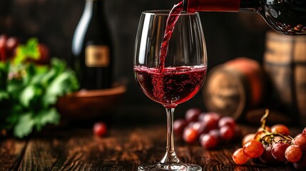 Pouring red wine into the glass against rustic background