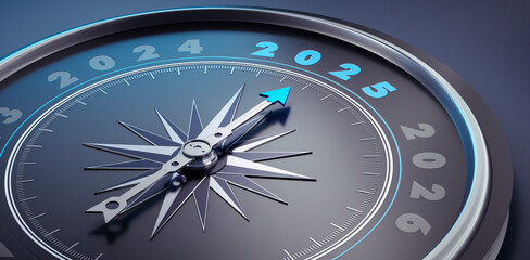 Dark compass with needle pointing to the year number 2025 © peterschreiber.media
