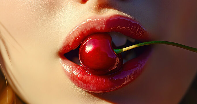 A woman is biting into a cherry