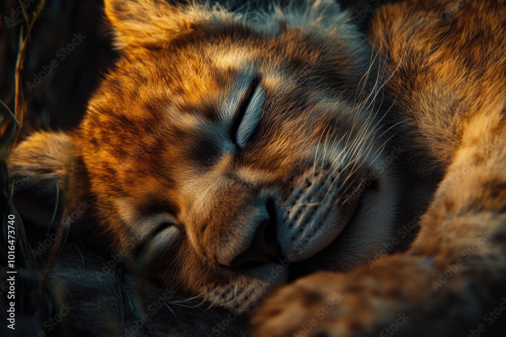 Poster a close-up view of a cat resting on the ground, paws curled and eyes closed.