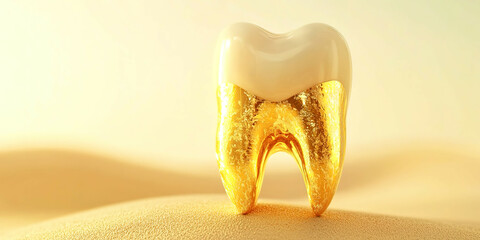 A tooth is sitting on a sandy beach with a gold coating