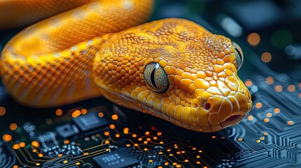Fototapeta premium a vibrant yellow snake on a circuit board background symbolizes python in data science.illustration