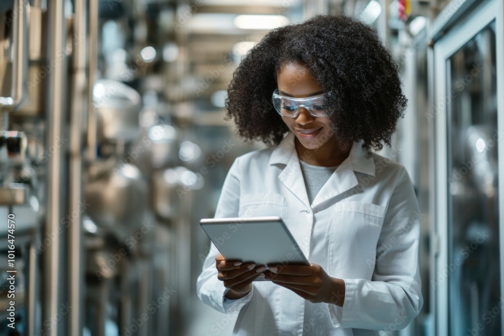 Poster a woman in a lab coat holds a tablet, possibly working on a project or accessing information.