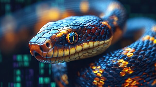 a visual comparison of python and javascript featuring a javascript logo and a python snake image,code in the background.stock image