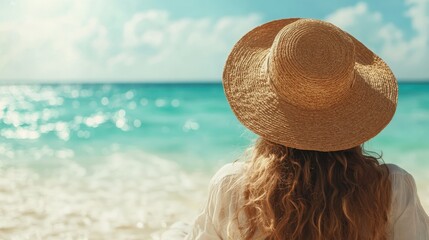 A woman with wavy hair sits facing the ocean, wearing a straw hat, under a bright sun, creating an atmosphere of calm and relaxation by the sea.