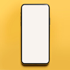 Realistic mockup of black phone on yellow background. PSD format top view. For web design