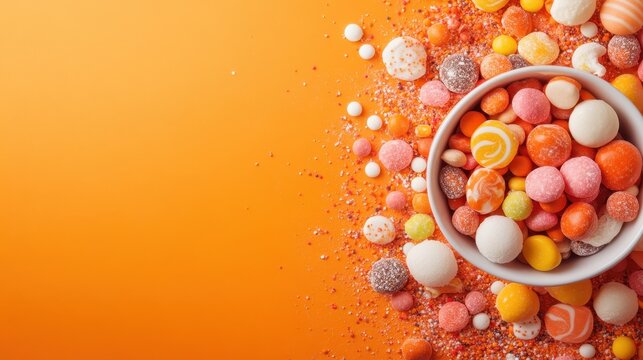 A bowl overflowing with a vibrant assortment of candies is placed on a bright orange surface, with more candies scattered around, creating a playful scene.