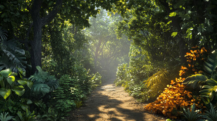 Obraz premium A Mesmerizing Forest Path: Explore the Enchantment of Nature's Lush Greenery and Vibrant Flora in This Serene Woodland Scene
