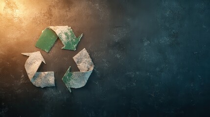 A rustic and aging recycling icon located on a worn surface presents an artistic representation of sustainability and the timelessness of environmental efforts.