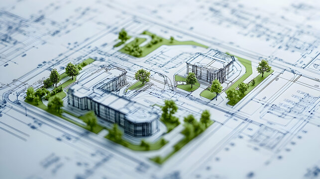 A 3D Model of a Building Complex with Green Trees and Grass on a Blueprint