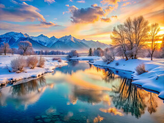 serene winter river landscape featuring tranquil snow covered banks, majestic mountains, and vibrant sunset reflecting on water. scene evokes sense of peace and natural beauty