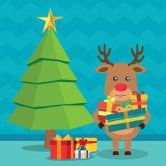 Merry Christmas and Happy New Year with Christmas deer. Winter holiday cartoon. Vector.