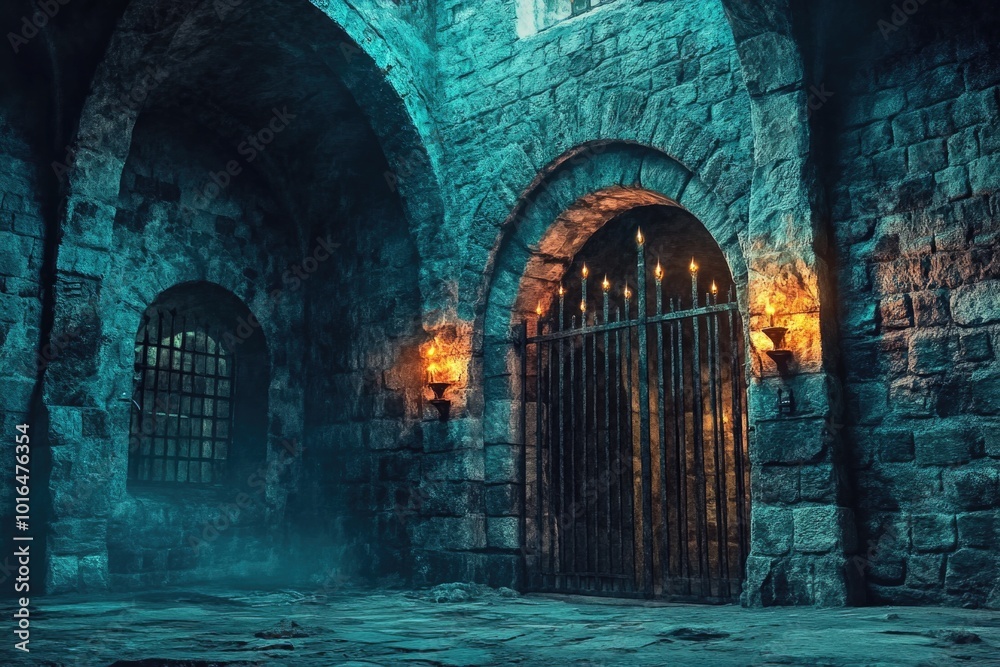 Aufkleber A stone building with a gate in the middle, suitable for use in architectural or historical context.