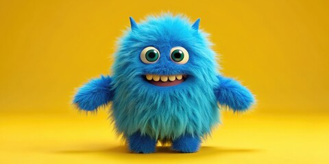 Naklejka premium A vibrant blue furry cartoon character stands as a shaggy Halloween monster toy, set against a cheerful yellow background, radiating fun and whimsy.