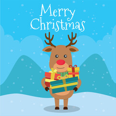 Merry Christmas and Happy New Year with Christmas deer. Winter holiday cartoon. Vector.